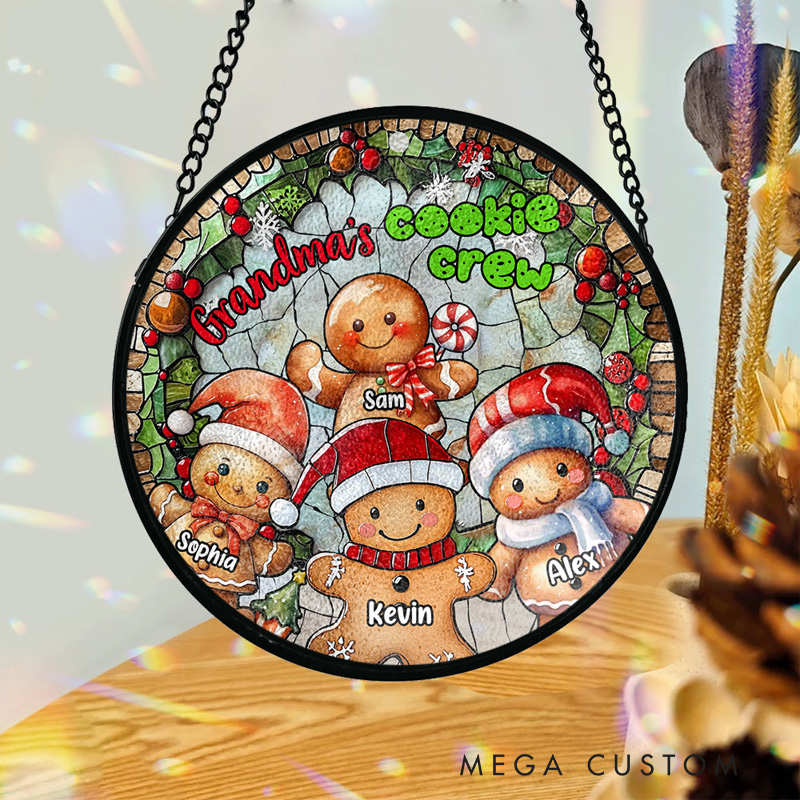 Personalized Cookie Crew Stained Glass Suncatcher Grandma Stained Glass Suncatcher Gingerbread Window Hanging with Name Suncatcher for Baking Lover Gift