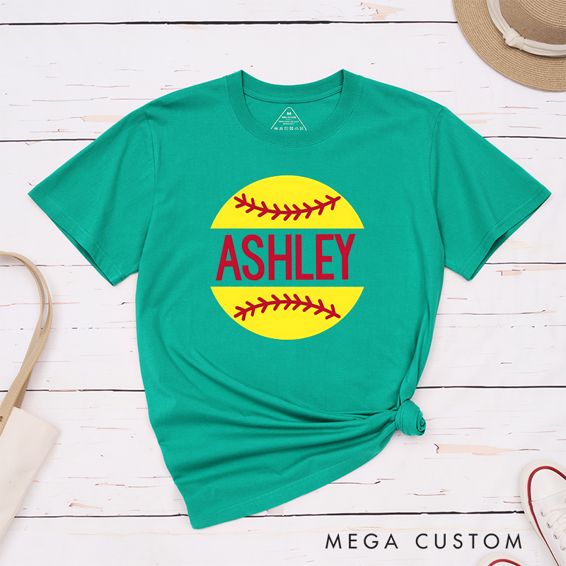 Personalized Softball T-Shirt Design Featuring Custom Name Bold Text and Bright Softball Graphic