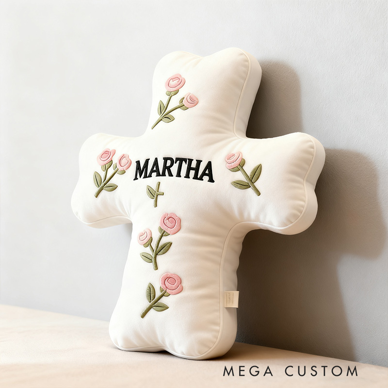 Personalized Roses Cross Pillow with Custom Name Home Decor Christian Flower Cross Pillow Religious Baptism Gift for Her Prayer Corner Faith Gift