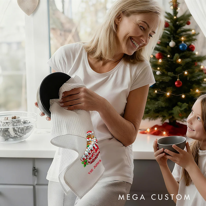 Personalized Gingerbread Men Cocoa Mug Waffle Kitchen Towel with Name and Surname Christmas Gift for Family Friends