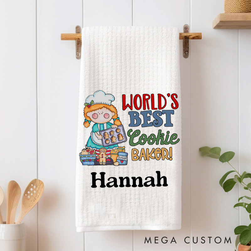 Personalized World's Best Cookie Baker Waffle Kitchen Towel with Name Baking Lover Christmas Gift for Baker Family Friends