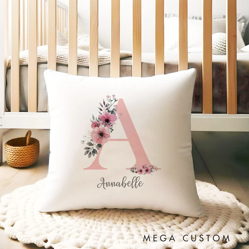Personalised Initial Cushion Rose Gold Custom Gift Girls Bedroom Gift Watercolour Flowers Baby Gift Initial Gift for Her Custom Made