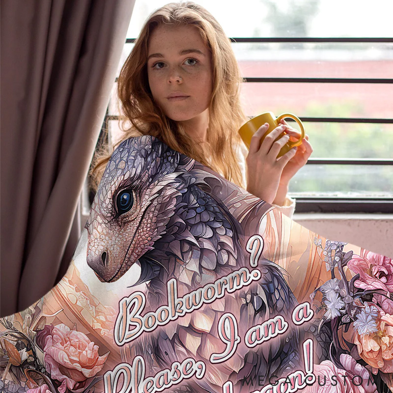 Floral Book Dragon Soft Throw Blanket with Name Birthday Gift for Bookworm Readers Dragon Lovers Fantasy Book Lovers Gift