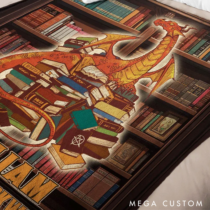 Personalized Cartoon Book Dragon Soft Throw Blanket Retro Book Dragon Blanket with Name Bookworm Birthday Gift for Dragon Lovers Fantasy Book Lovers Gift
