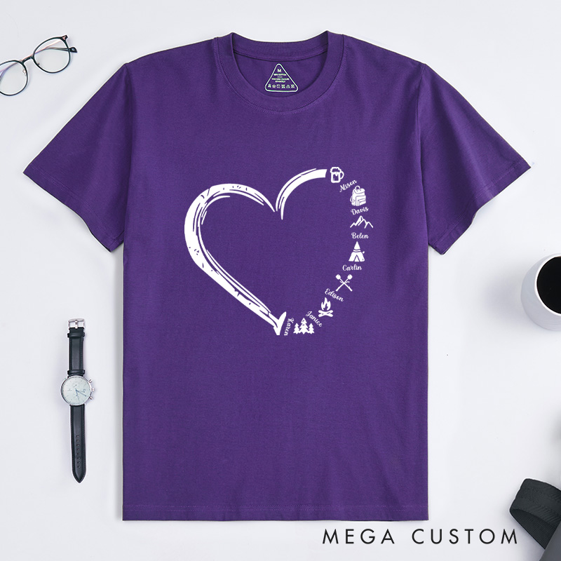  Personalized Cute Heart-shaped Camping Elements T-shirt with Name Gift for Camp Nature Lover