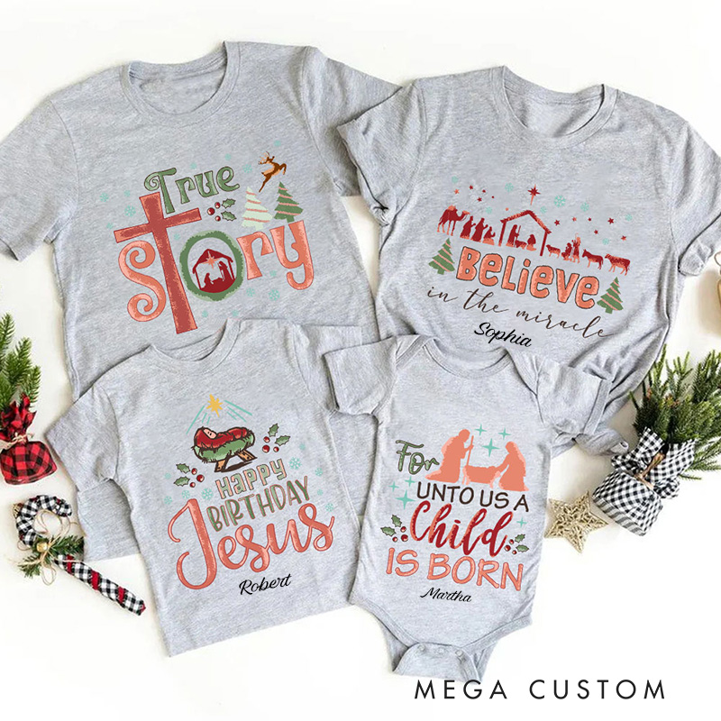 Personalized Christian Christmas Collection Family Matching T-Shirt with Name Nativity Shirt Jesus Tee Chirstian Gift for Christmas