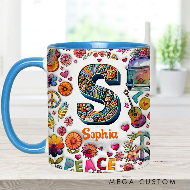 Personalized Hippie Soul Personalized name and Initial Letter mug Hippie Accent Mug for Holiday Decor Family Gifts and Party Favors