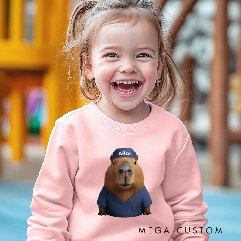 Personalized Kids Sweatshirt and Holiday Pullover with 3D Capybara Character Design Featuring Different Occupations for a Fun and Festive Winter Look