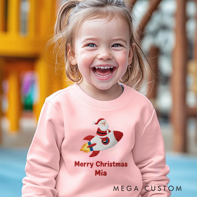 Personalized Kids Sweatshirt and Holiday Pullover with 3D Rocket Print and Santa Design Featuring Festive Christmas Elements for a Joyful Winter Look 
