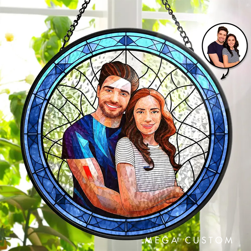 Personalized Starry Night Custom Photo Portrait Couple Family Window Hanging with Name Suncatcher for Art Lover Gift