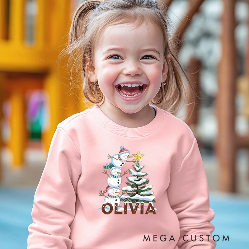 Personalized Kids Sweatshirt and Holiday Pullover with Snowman and Christmas Tree Design Featuring Festive Holiday Elements for a Merry Winter Look