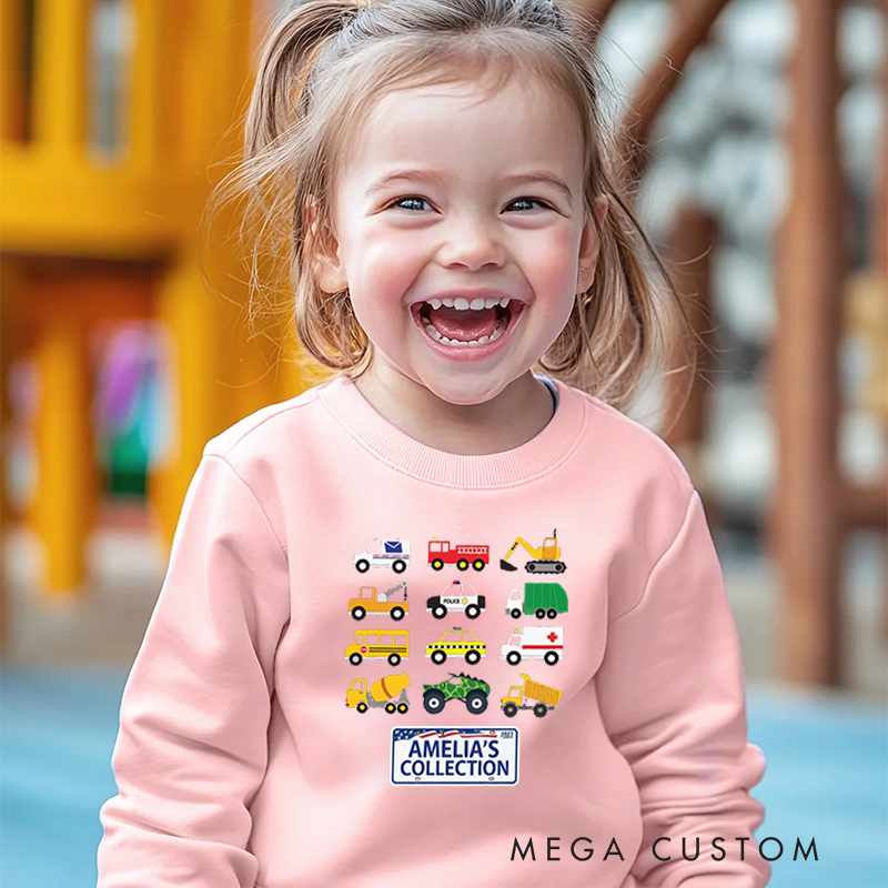 Personalized Kids Sweatshirt and Holiday Pullover with Colorful Vehicle Collection Design Featuring Cars Trucks and Excavators for a Fun Christmas Look