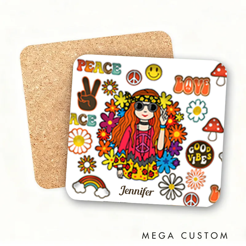 Personalized Name Hippie Accent Coaster Hippie Girl Hippie Soul Peace Love Coaster for Music Lover Gift