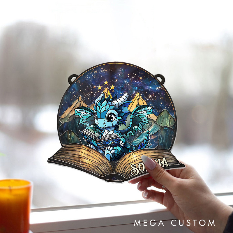 Personalized Reading Dragon Stained Glass Suncatcher Fantasy Book Reader Window Hanging Bookish Art Decor for Book Lover Gift Librarian Gift