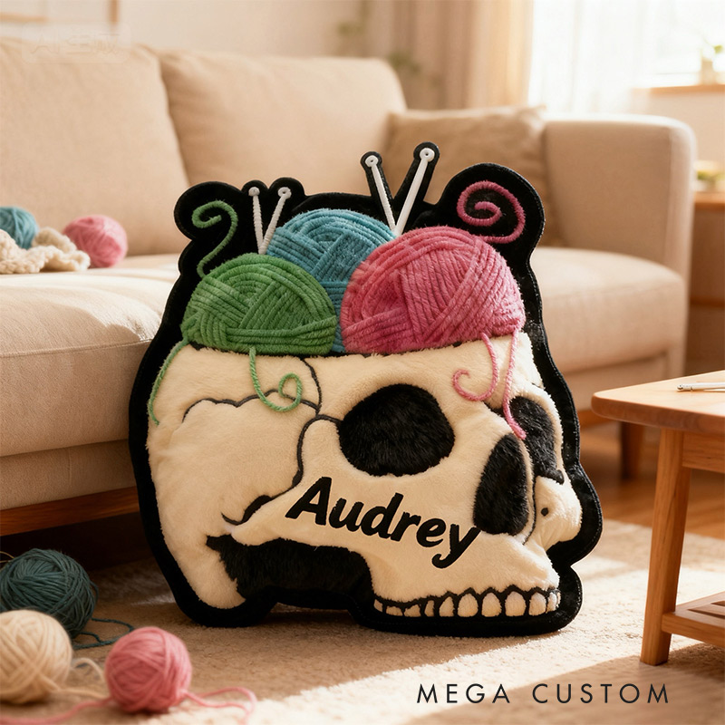 Personalized Skull Yarn Pillow with Custom Name Gift for Edgy Knitters