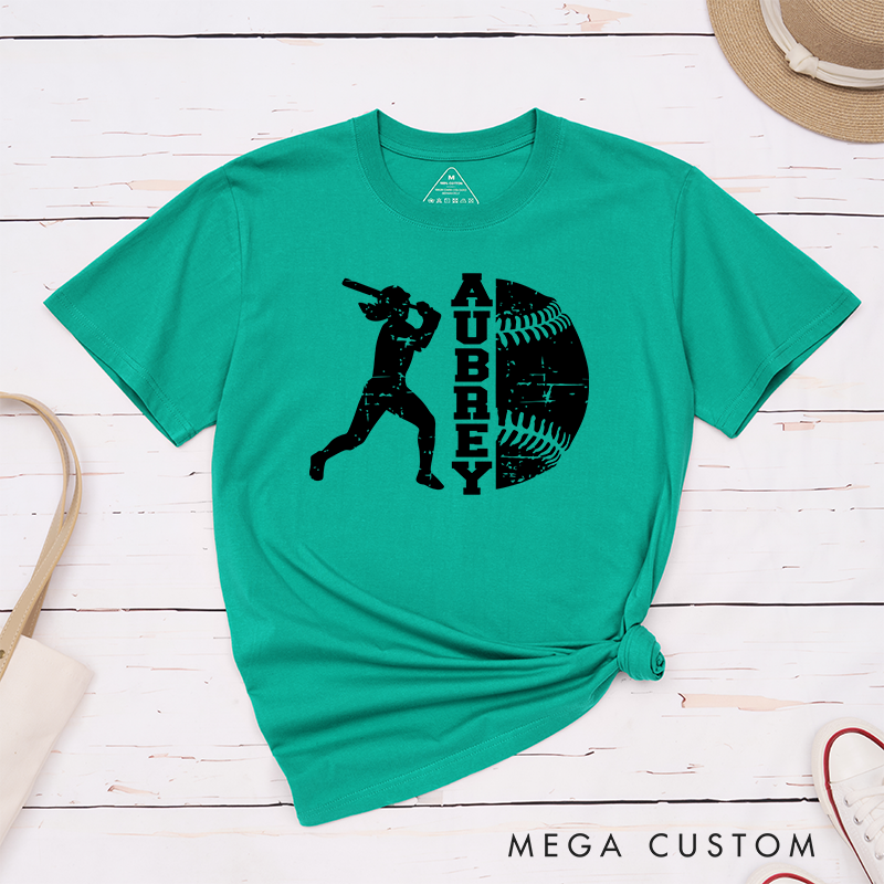 Personalized Softball Player T-Shirt Design Featuring Batter Silhouette Distressed Softball Graphic and Customizable Name Text