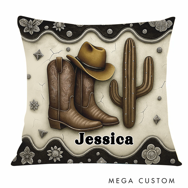 Personalized Name Cowboy Accent Throw Pillow Custom Cowboy Boots Gift for Music Lover