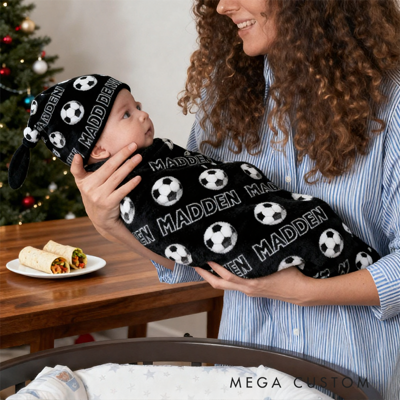 Personalized Soccer Baby Swaddle Blanket and Hat Set with Name Soft Fleece Sport Design Perfect Baby Shower or Newborn Gift
