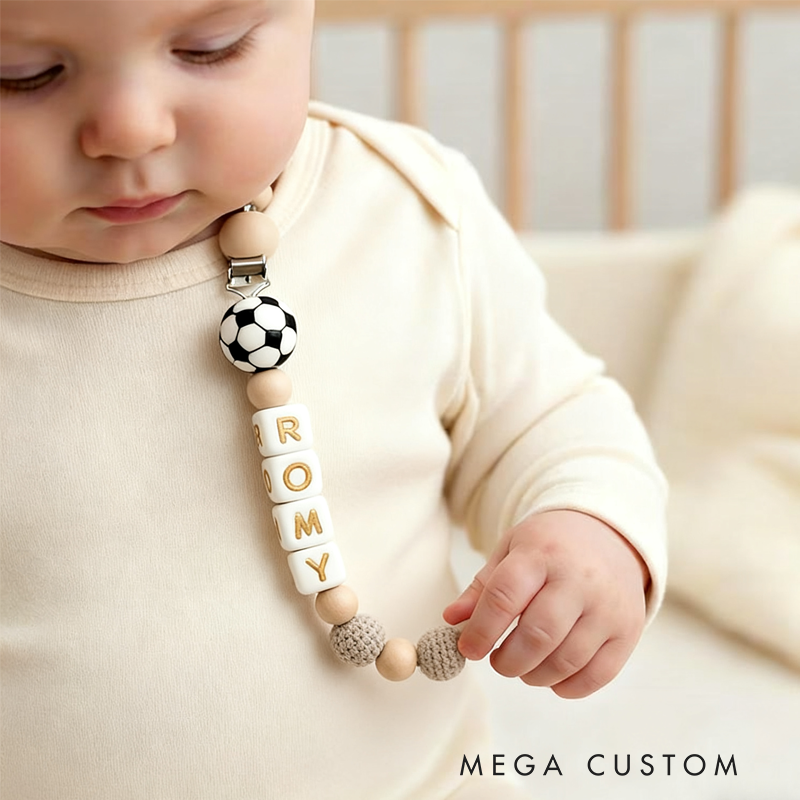 Personalized Soccer Pacifier Clip Add Newborn Baby Boy or Girl Name Custom Baby Shower New Soccer Mom Gift