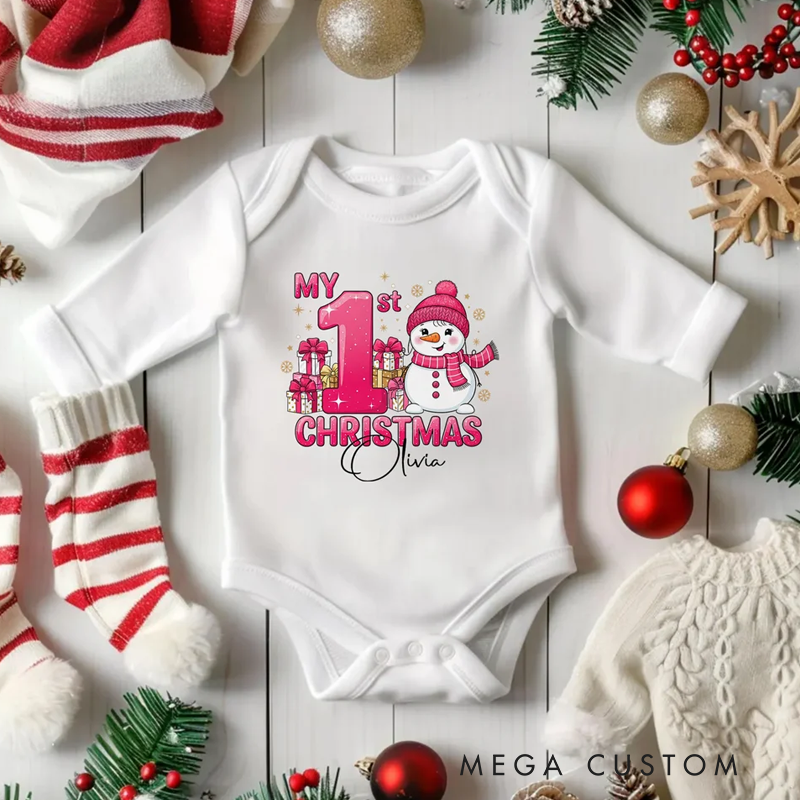 Personalized 1st Christmas Snowman 100% Cotton Baby Bodysuit with Name Christmas Gift for Baby New Parents
