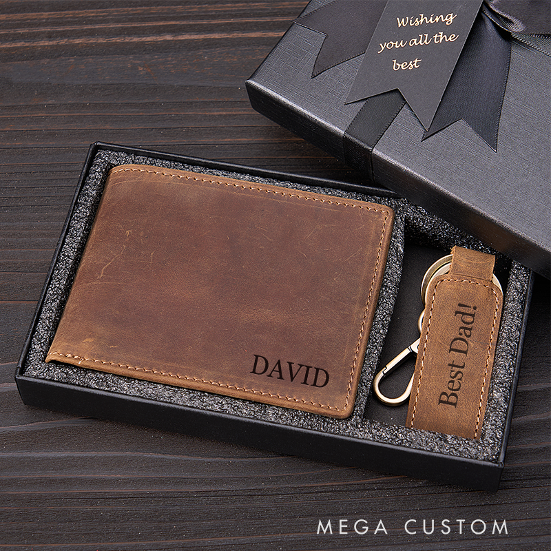 Personalized Leather Wallet Keychain Set Custom Name Leather Wallet & Keychain for Him Engraved Wallets Mens Wallet Leather Gift For Him Gift for Husband Boyfriend Father