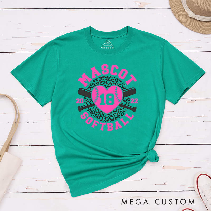 Personalized Softball Team T-Shirt Design Featuring Customizable Team Name Leopard Print Heart-Shaped Softball Graphic Crossed Bats and Player Number