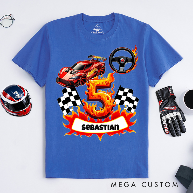 Personalized Racing T-Shirt Custom Name and Number Flame Car Checkered Flag Design for Racers and Racing Lovers