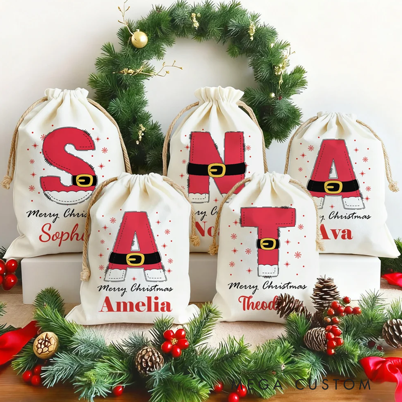 Personalized Snowflake Santa Claus Initial Drawstring Christmas Gift Bag with Name Merry Christmas Gift for Kids Family