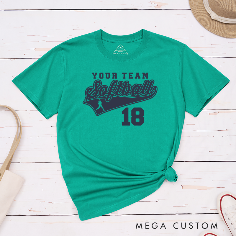 Personalized Softball Team T-Shirt Design Featuring Customizable Team Name Bold Script Softball Text Dynamic Swoosh Element Player Silhouette and Custom Number
