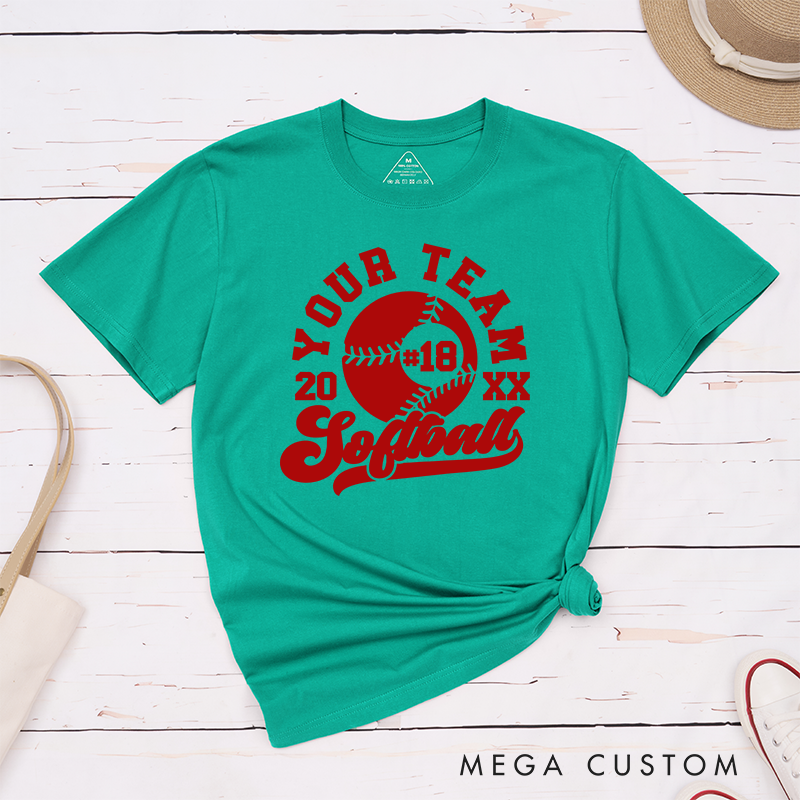 Personalized Softball Team T-Shirt Design Featuring Customizable Team Name Bold Softball Graphic Player Number and Year