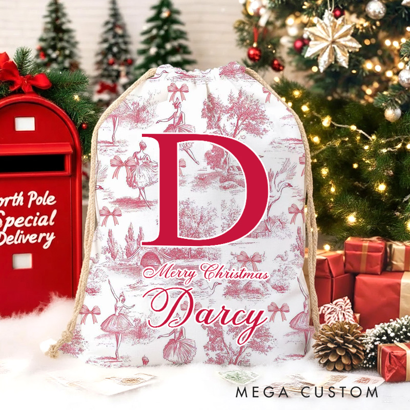 Personalized Vintage Toile De Jouy Ballet Initial Canvas Drawstring Gift Bag with Name Christmas Gift for Family Friends Dance Lovers