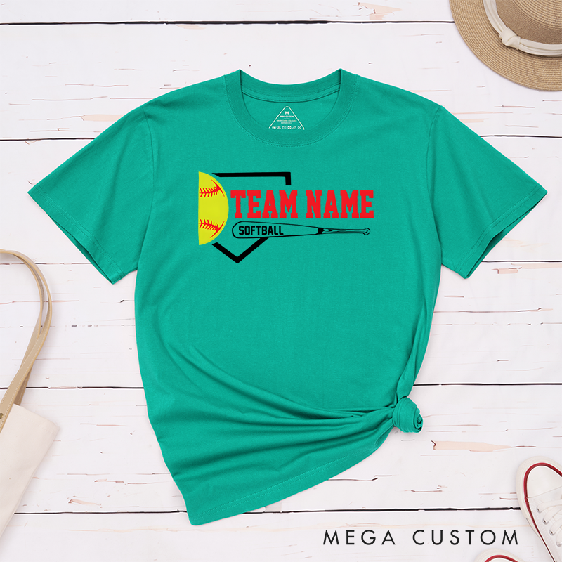 Personalized Softball Team T-Shirt Design Featuring Customizable Team Name Bold Home Plate Graphic Yellow Softball and Bat Element