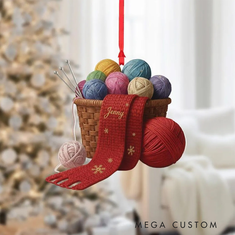 Personalized Yarn Basket Ornament with Custom Scarf Christmas Ornament Gift for Knitting Lovers