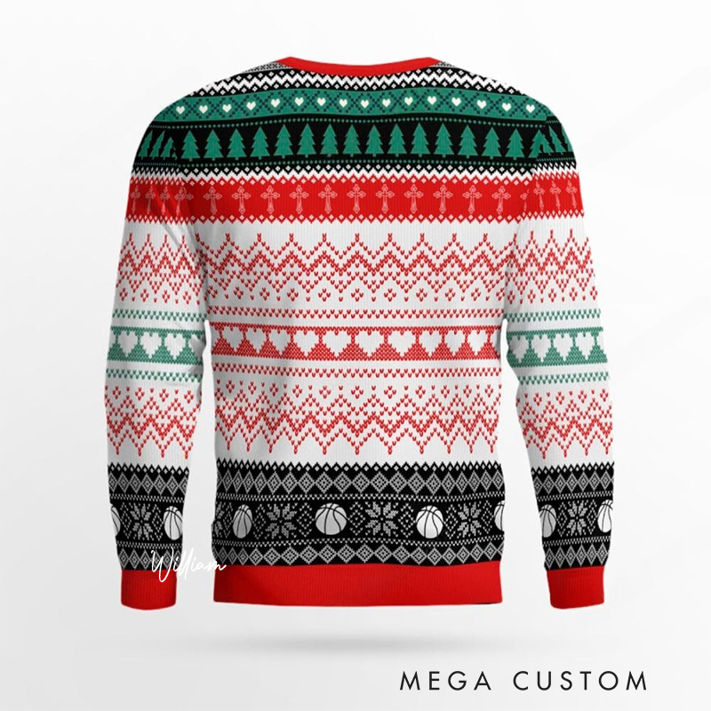 Personalized "He Is Rizzin'" Basketball Ugly Christmas Sweatshirt with Custom Name – Funny Jesus Basketball Meme Gift for Basketball Lovers