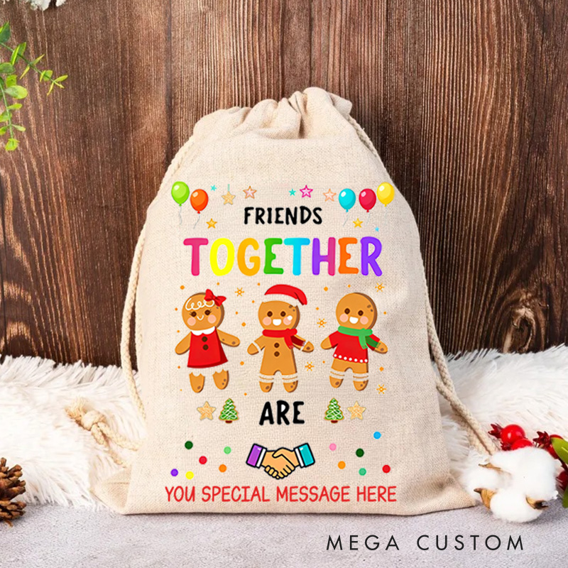 Personalized Gingerbread Friends Together Holiday Gift Sack Colorful Balloons Stars Friendship Joyful Festive Spirit Christmas Bag