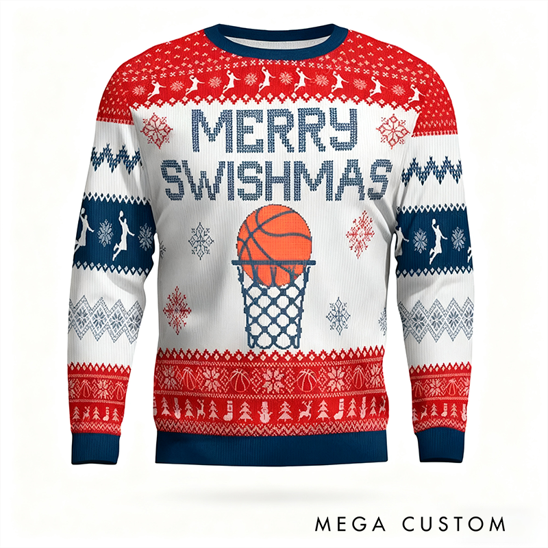 Personalized Merry Swishmas Basketball Christmas Sweater with Custom Name