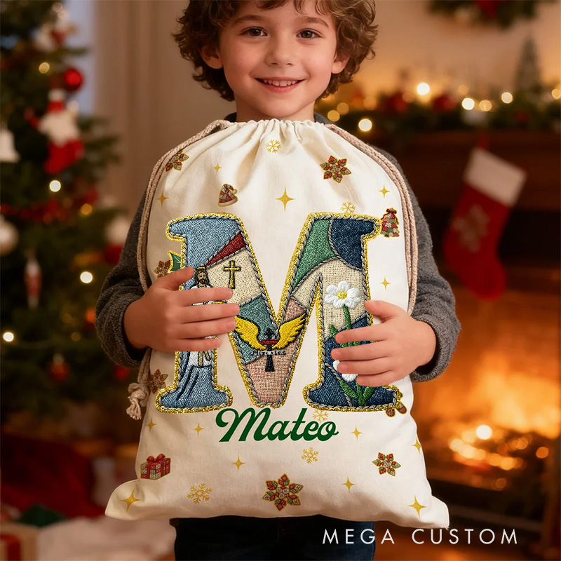 Personalized Christian Christmas Tree Snowflake Initial Drawstring Canvas Gift Bag with Name Collage Style Christmas Eve Party Favors for Kids Family