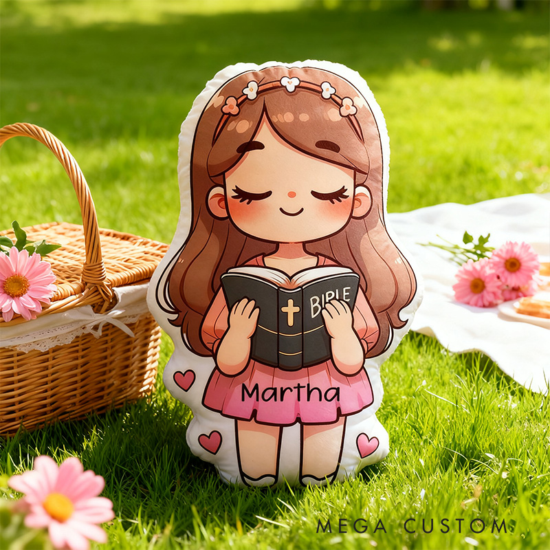 Personalized Cute Girl Holding Bible Pillow with Custom Name Kids Room Decor Religious Christian Faith Gift for Girl