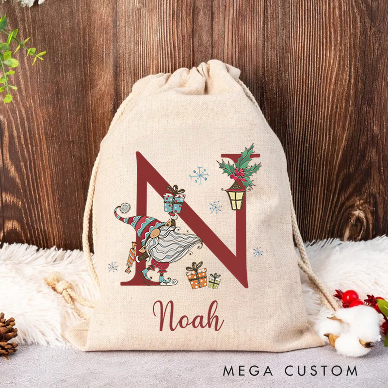 Personalized Cute Gnome Initial Letter Holiday Gift Sack Festive Custom Name Santa Style Joyful Holiday Magic Christmas Bag