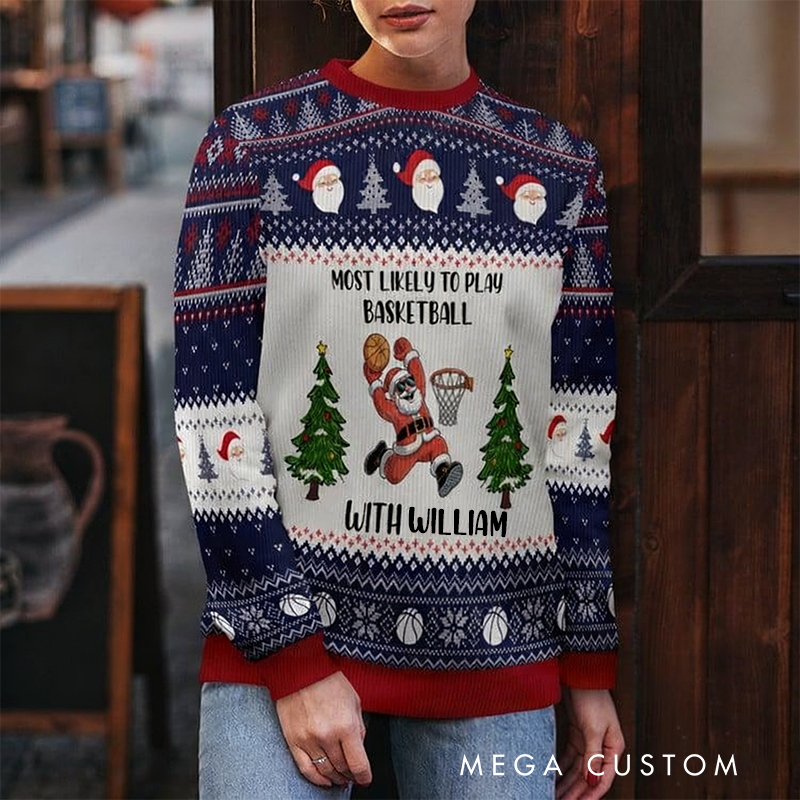 Personalized Basketball Christmas Sweater with Santa Design and Custom Name