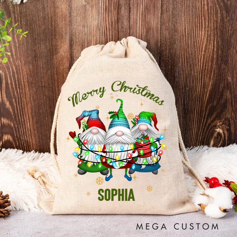 Personalized Cute Gnome Family Holding Christmas Lights Festive Custom Name Holiday Gift Sack Joyful Winter Celebration Christmas Bag