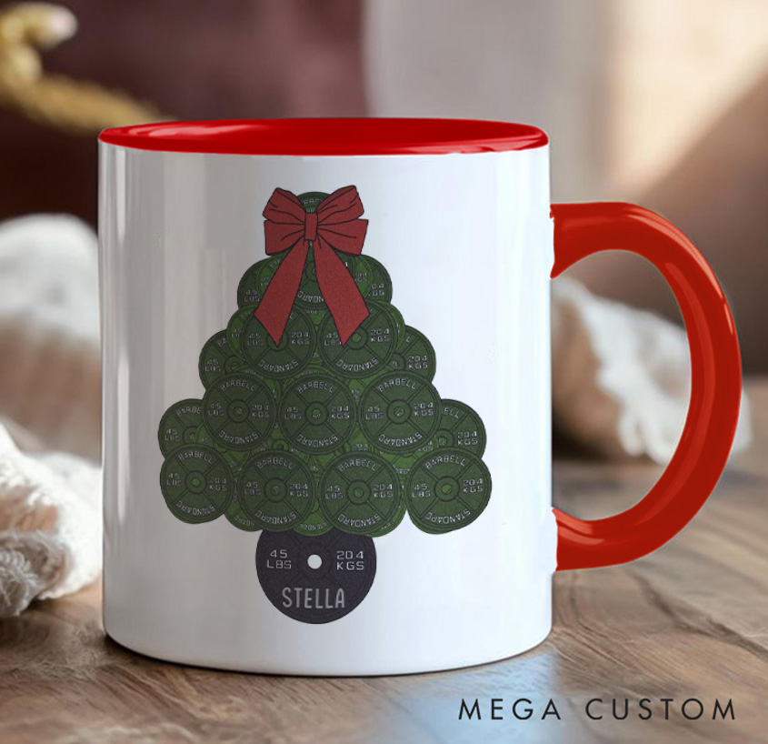 Personalized45lb Plate Christmas Tree Mug with Lifter Christmas Mug Gift Motivational Coffee Cup for Fitness Enthusiasts Bodybuilders and Gym Lovers