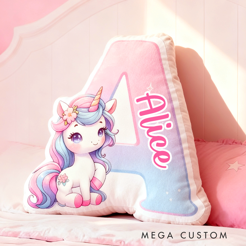 Personalized Cartoon Cute pink unicorn Initials with Name Graphic 3D Print Pillow Christmas Gift for Kids 