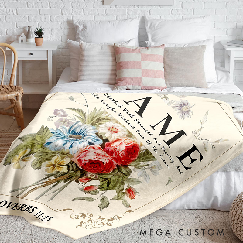 Personalized She is Clothed with Strength and Dignity Soft Throw Blanket for Women with Custom Name Home Decor Religious Birthday Gift for Wife Mom