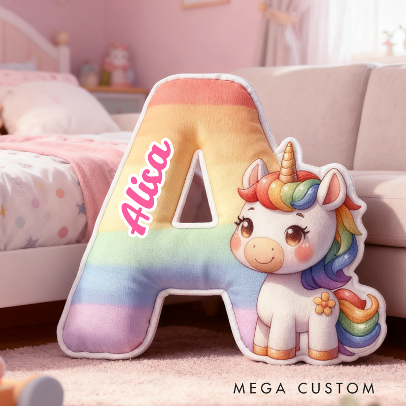 Personalized Cartoon Pink Unicorns Initials with Name Graphic 3D Print Pillow Christmas Gift for Kids 