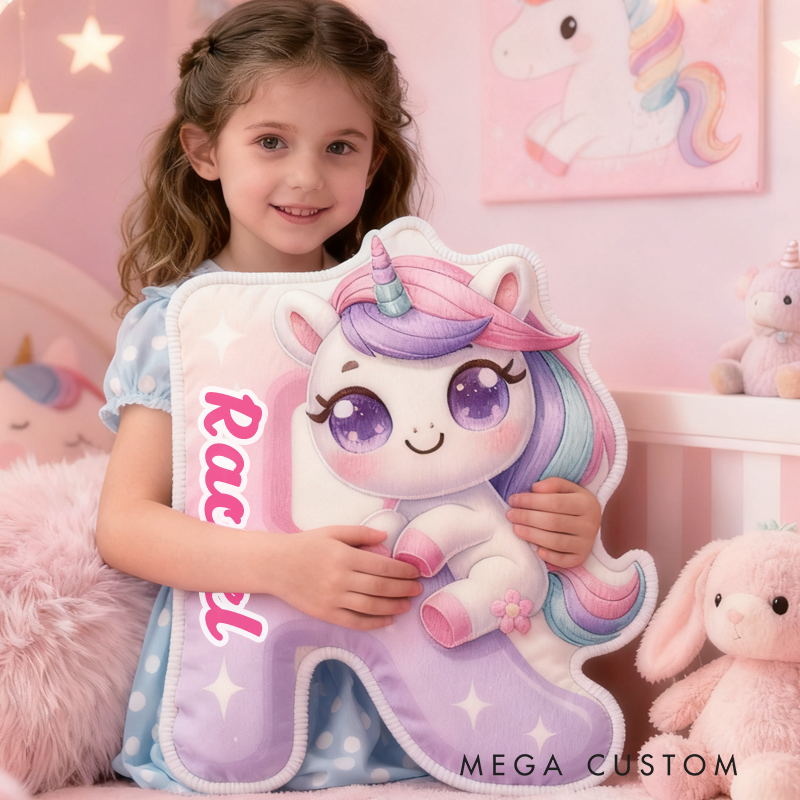 Personalized Cartoon Cute and Cheerful Unicorn Initials with Name Graphic 3D Print Pillow Christmas Gift for Kids 