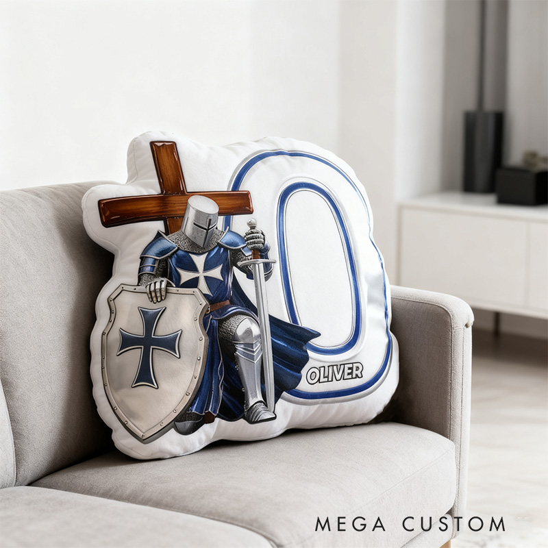 Personalized Knight of God Letter Pillow with Custom Name Home Decor Shield and Cross Graphic 3D Print Pillow Religious Christian Faith Gift