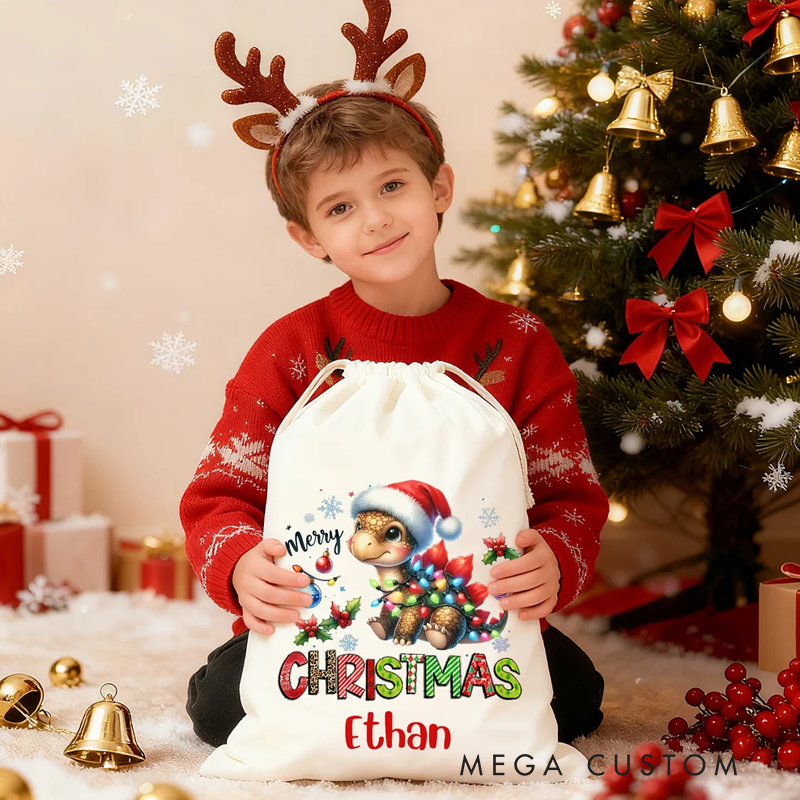 Personalized Lanterns Santa Hat Dinosaur Large Canvas Drawstring Gift Bag with Name Christmas Gift for Family Friends