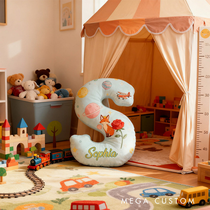 Personalized Cartoon Fox And Rose Alphabet Shaped Pillow for Cartoon Lovers Initial Pillow Christmas Gift for Kids