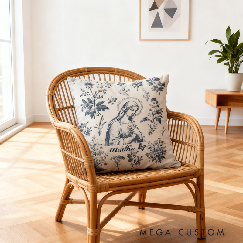 Personalized Catholic Virgin Mary Toile Throw Pillow Cover with Name Home Decor Our Lady Vintage Floral Catholic Throw Pillow Christian Gift for Women